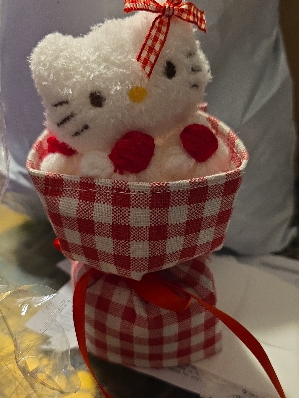 Plush White Cat Party Favor with Red Gingham Pouch